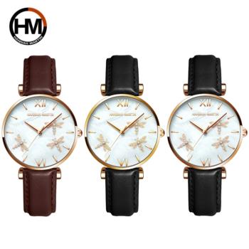 【HANNAH MARTIN】石英機芯手錶 不鏽鋼珍珠貝殼面皮帶女士手錶 HM-1531