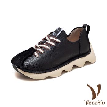 【VECCHIO】運動鞋 圓頭運動鞋/全真皮頭層牛皮復古圓頭手工縫線個性運動鞋 黑