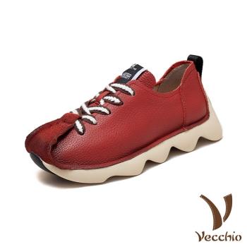 【VECCHIO】運動鞋 圓頭運動鞋/全真皮頭層牛皮復古圓頭手工縫線個性運動鞋 紅