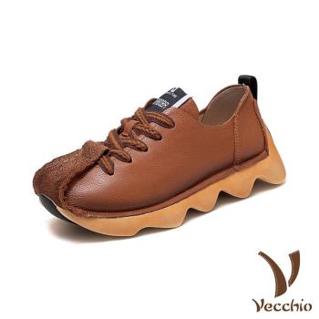 【VECCHIO】運動鞋 圓頭運動鞋/全真皮頭層牛皮復古圓頭手工縫線個性運動鞋 棕