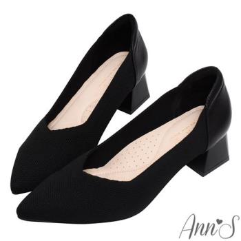 Ann’S優雅女人味-柔軟飛織鞋面V口顯瘦尖頭低粗跟鞋4.5cm-黑
