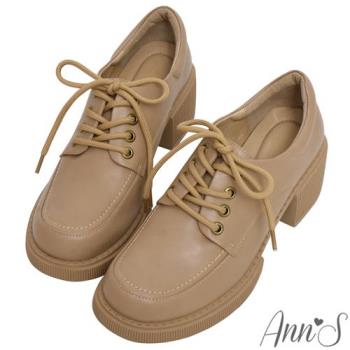 Ann’S小眾變大眾-皮革版本綁帶厚底粗跟牛津鞋5cm-奶茶杏(版型偏小)