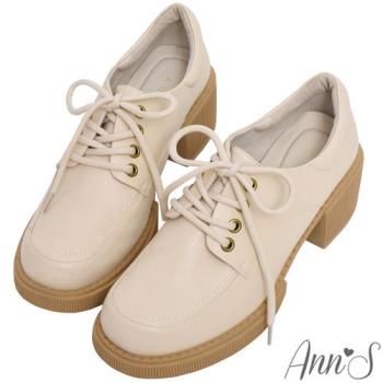 Ann’S小眾變大眾-皮革版本綁帶厚底粗跟牛津鞋5cm-米白(版型偏小)