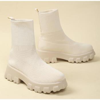 Taroko 流行飛織布襪套腳圓頭厚底短筒靴(4色可選)