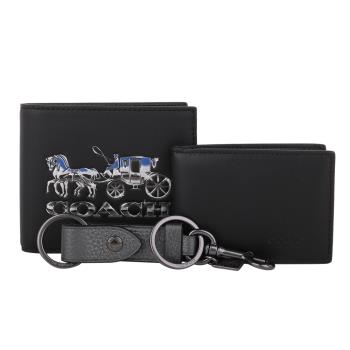 COACH - 壓印白馬車LOGO短夾+鑰匙圈+卡夾3入禮盒組(黑)