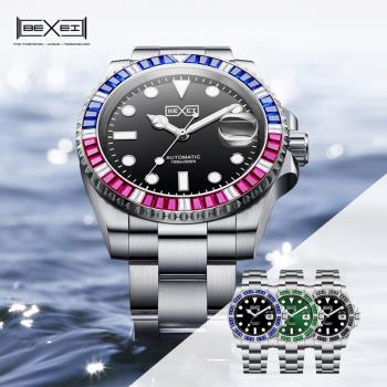 【BEXEI】 貝克斯 運動潛水鑽圈夜光不鏽鋼自動機械錶-9173