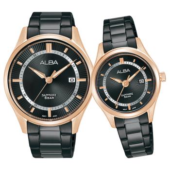 ALBA 雅柏 經典都會時尚對錶/黑X玫瑰金 (VJ42-X342SD+VJ22-X396SD)