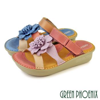 GREEN PHOENIX 女 涼鞋 拖鞋 兩穿 全真皮 花朵 沾黏式 糕厚 厚底 台灣製U53-26536