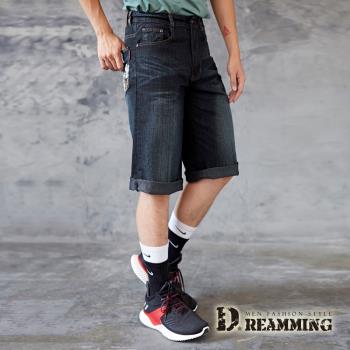 【Dreamming】日系刺繡刷色伸縮牛仔七分短褲 彈力 透氣(深藍)