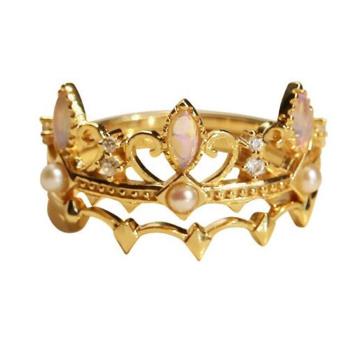  ANGEL 復古羅馬皇冠珍珠閃耀鋯石戒指(金色)