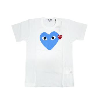 川久保玲 CDG 女款 藍大小雙愛心刺繡logo短袖T恤(白)