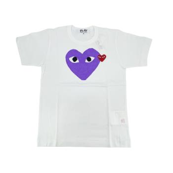 川久保玲 CDG 女款 紫大小雙愛心刺繡logo短袖T恤(白)