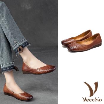 【VECCHIO】平底鞋 編織平底鞋/全真皮頭層牛皮方頭V口格子編織舒適平底鞋 棕