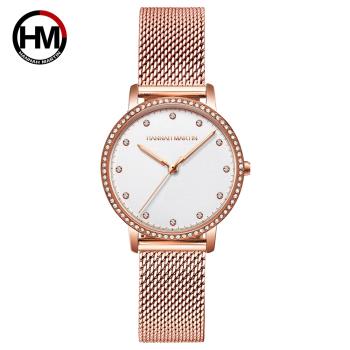 【HANNAH MARTIN】2020新款輕奢ins-限量圓形防水錶-白 鑲鑽女錶34mm(HM-107-WF1)