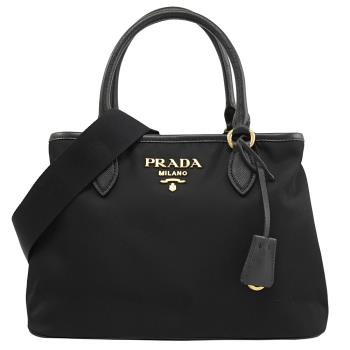 PRADA 1BA173 經典LOGO寬背帶尼龍帆布手提兩用包.黑