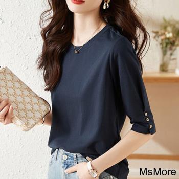 【MsMore】紐扣設計五分短袖T恤圓領時尚寬鬆藏青短版上衣 # 116749