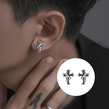 【A&R】韓版s925純銀復古十字架耳釘款耳環(男女款  抗過敏 個性 情人節 生日禮物)