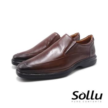 Sollu 巴西專櫃 真皮小方頭輕盈舒適記憶墊皮鞋-咖啡