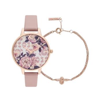 Olivia Burton 花卉國度風格時尚優質皮革腕錶34mm-莫蘭迪粉-OBGSET41