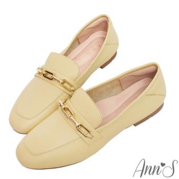 Ann’S城市漫步-金色鍊帶真皮小羊皮平底樂福鞋-黃