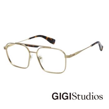 【GIGI Studios】雙槓鈦金刻線飛行員框光學眼鏡(金 - SPIELBERG-6784/2)