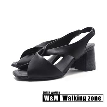 WALKING ZONE(女)Nappa皮革扭結粗跟涼鞋 女鞋-黑色