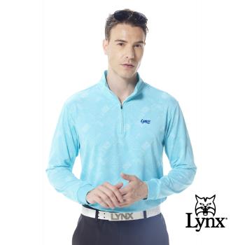 【Lynx Golf】男款吸濕排汗滿版形狀線條組合印花長袖立領POLO衫/高爾夫球衫-藍綠色