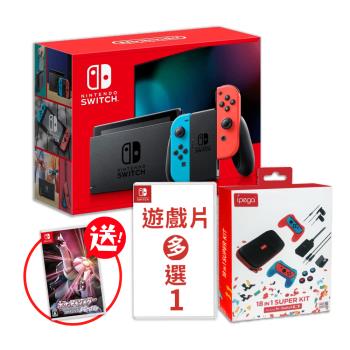 任天堂 Switch 紅藍主機 電力加強版 日規+遊戲選一+18合一套裝(送寶可夢明亮珍珠日版)