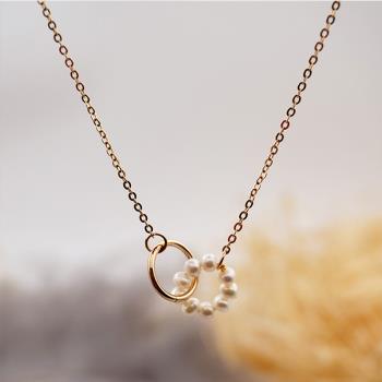 Jpqueen 珍珠雙圈圈幾何鎖骨鈦鋼項鍊(金色)