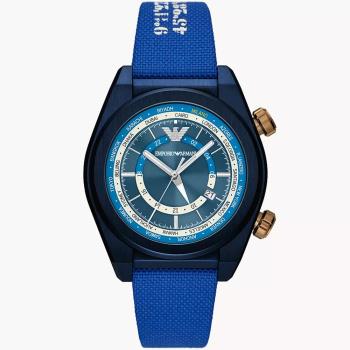 EMPORIO ARMANI 亞曼尼 雙時區蔚藍帆布手錶-43mm AR11564