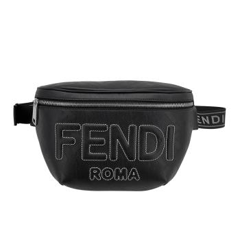 Fendi FF 刺繡Logo 牛皮斜背腰包(7VA562-黑)