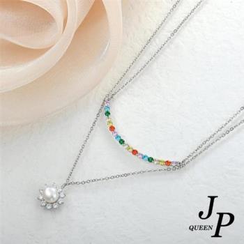 Jpqueen 美好彩虹雙層珍珠花彩鑽鎖骨項鍊(銀色)