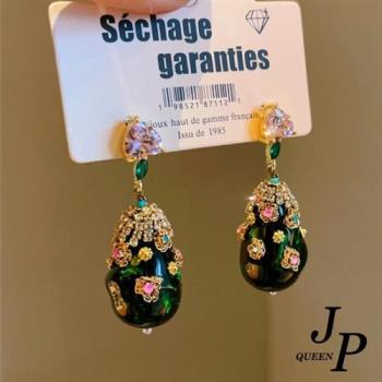  Jpqueen 美式復古綠晶鋯石華麗垂墜耳環(綠色)