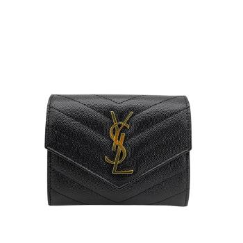 YSL Monogram 金logo粒紋牛皮三折釦式短夾(403943-黑)