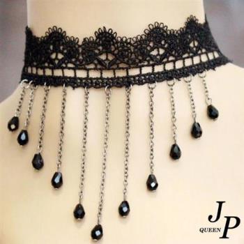 Jpqueen 蕾絲花紋縷空水滴流蘇頸鍊項鍊(黑色)