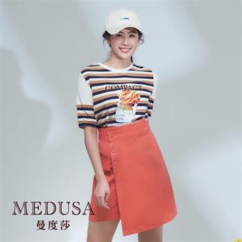 現貨【MEDUSA 曼度莎】卡其黑條紋拼接T恤（M-2L）｜女上衣 休閒上衣 短袖上衣