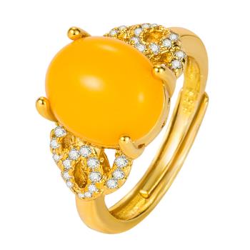 Jpqueen 流黃蜜蠟橢圓晶鑽開口彈性戒指(黃色)