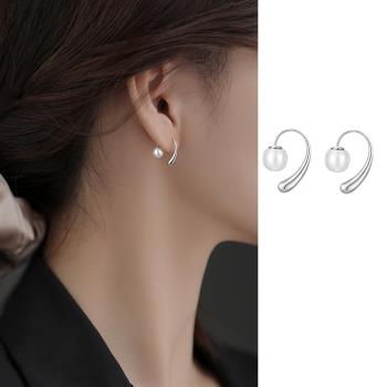 【Emi艾迷】韓系輕奢俐落小豆珍珠勾勒925銀針耳環