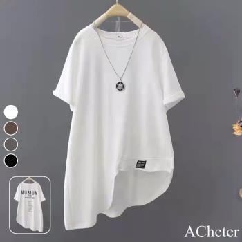 【ACheter】大碼寬鬆顯瘦圓領不規則字母貼布短袖t恤中長版上衣 # 116226