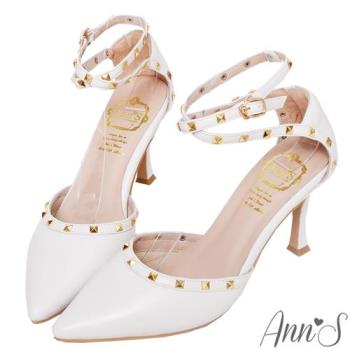 Ann’S高訂綿羊皮-性感繞踝 鉚釘細跟高跟尖頭鞋8.5cm-白