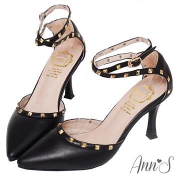 Ann’S高訂綿羊皮-性感繞踝 鉚釘細跟高跟尖頭鞋8.5cm-黑
