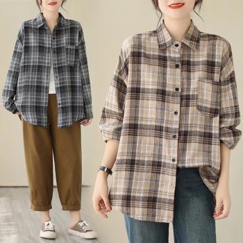 【10衣綾】時髦蘇格蘭格紋寬鬆襯衫(百搭/透氣/舒適/2色M-2XL/KDTQ-8346)