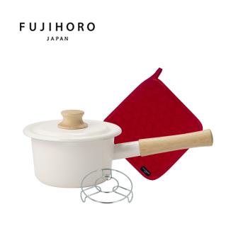 【富士琺瑯FUJIHORO】14cm 單柄附蓋牛奶鍋-白+鍋墊隔熱手套-正方形-紅+不鏽鋼網架