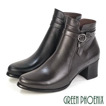GREEN PHOENIX 女 短靴 馬靴 全真皮 高跟 鑽飾 鉚釘 台灣製U15-20306