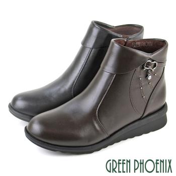 GREEN PHOENIX 女 短靴 馬靴 全真皮 小坡跟 水鑽 垂墜 翻領 台灣製U15-20B38