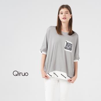 Qiruo 奇若名品 灰白色五分袖造型短版上衣(圓領背後單排釦假二件設計8173A)