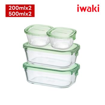 【日本iwaki】耐熱玻璃微波/焗烤保鮮盒四入組(200mlx2+500mlx2)