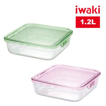 【日本iwaki】耐熱玻璃微波保鮮盒1.2L(二色任選)