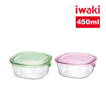 【日本iwaki】耐熱玻璃方形微波保鮮盒450ml(顏色任選)