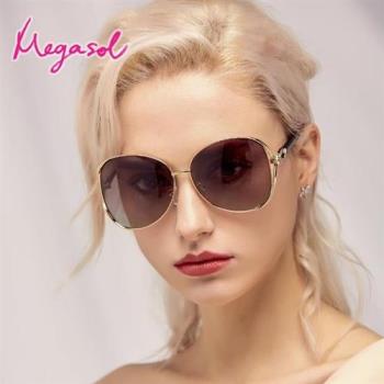 【MEGASOL】UV400防眩偏光太陽眼鏡時尚女仕大框矩方框墨鏡(魅力簍空金屬鑲鑽狐狸框B3151-多色選)